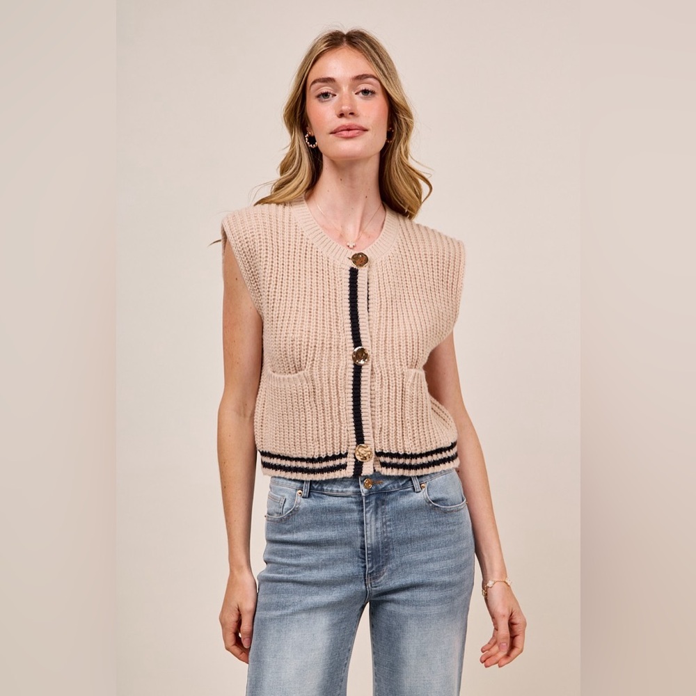 SO ME Big Metal Button Front Stripe Edge Knitted Sweater Vest